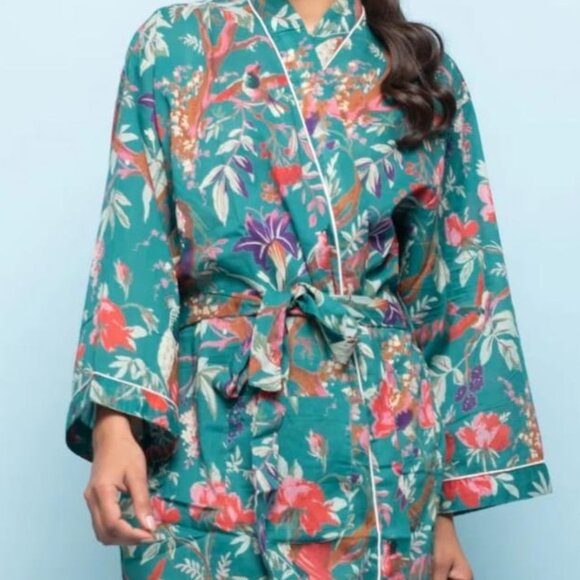 100% Cotton Bath Robe /Kimono Cyan One Size - Picture 2 of 4